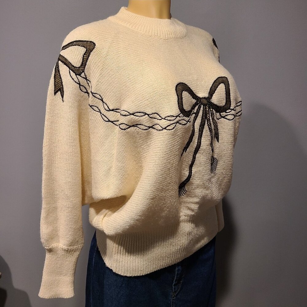 Vintage Bow Sweater Womens Holiday Gilded Gold Cream Wool Blend Size Large - Picture 2 of 10